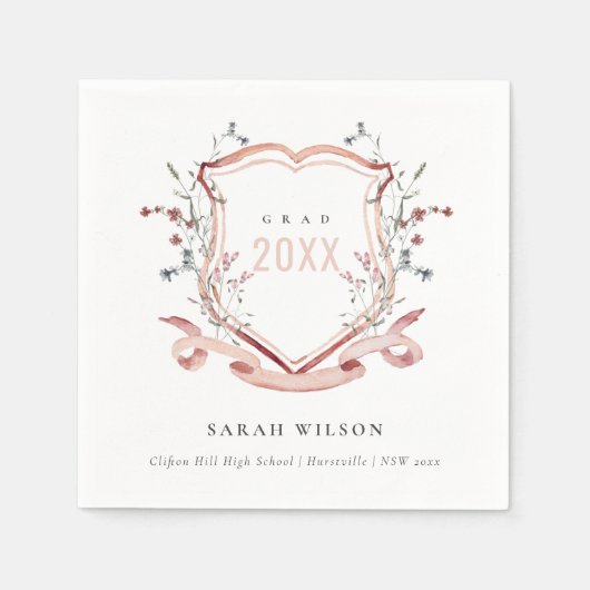 Serviette En Papier Pink Blush Fleur sauvage Aquarelle Crest Graduatio (Devant)