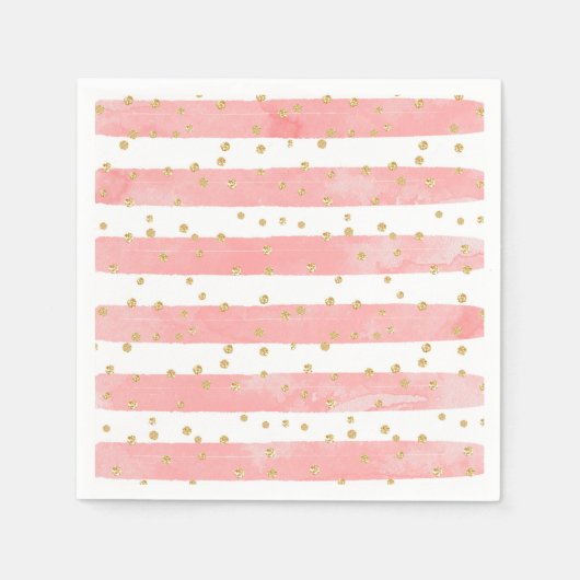Serviette En Papier Pink Blush Stripes with Faux Gold Confeti (Devant)