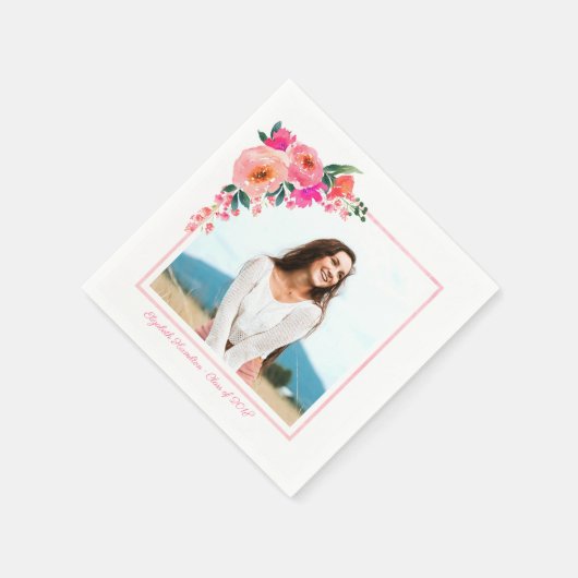 Serviette En Papier Pink Botanical Floral Graduation Party Photo (Coin)