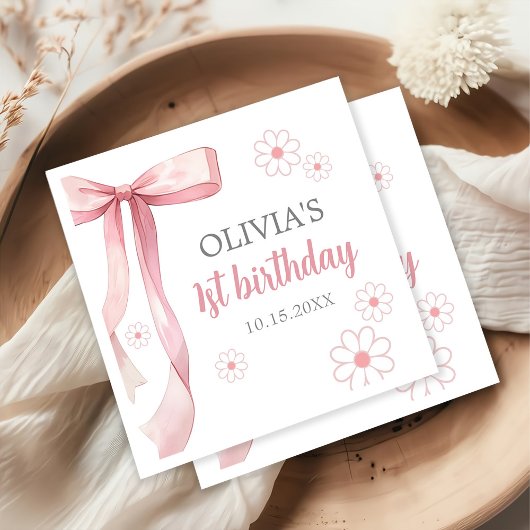 Serviette En Papier Pink Bow 1er anniversaire fille