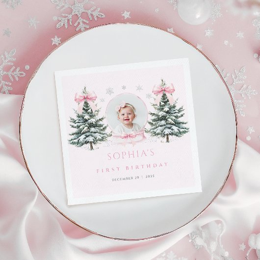 Serviette En Papier Pink Bow Winter Onederland First Birthday Napkins