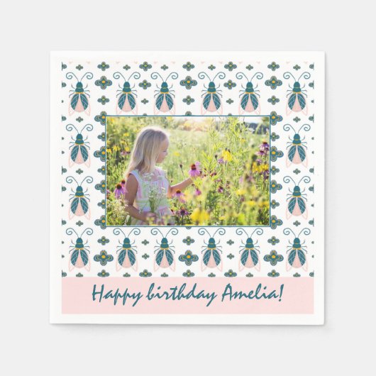 Serviette En Papier Pink Bugs Flower Motif Photo Anniversaire (Devant)