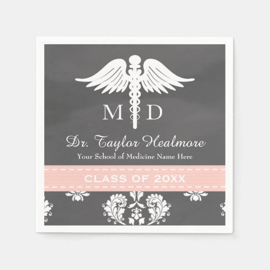 Serviette En Papier Pink Chalkboard Caduceus Médicale School Graduatio (Devant)