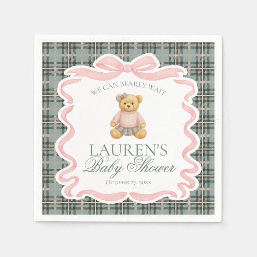 Serviette En Papier Pink Coquette Bow Bear Tartan Plaid Baby Shower (Devant)