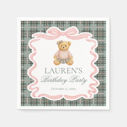 Serviette En Papier Pink Coquette Bow Bear Tartan Plaid Birthday (Devant)