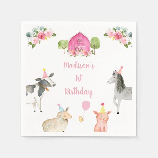 Serviette En Papier Pink Farm Barnyard Floral Anniversaire (Devant)