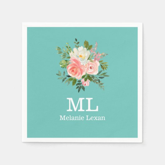 Serviette En Papier Pink Floral and Teal Monogram (Devant)