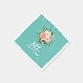 Serviette En Papier Pink Floral and Teal Monogram (Coin)