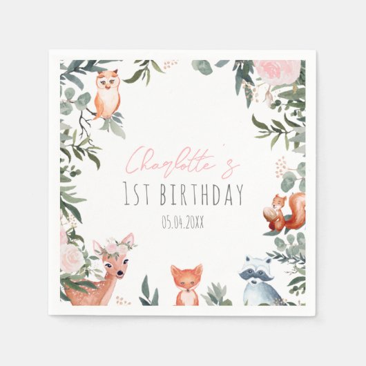 Serviette En Papier Pink Floral Bois Animaux Anniversaire Napkins (Devant)