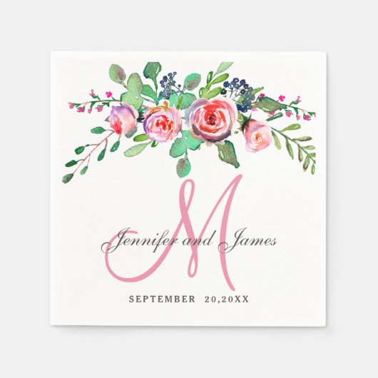 Serviette En Papier Pink Floral Chic Elegance Noms Monogramme Mariage (Devant)