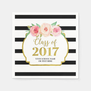 Serviette En Papier Pink Floral Gold Black Stripes 2017 Graduation