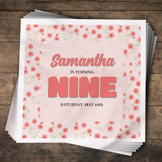 Serviette En Papier Pink Floral Nineth Birthday Girl Custom Party