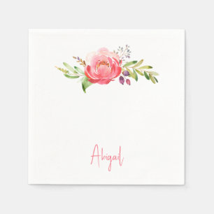 Serviette En Papier Pink Floral Script Nom Baby shower Blanc