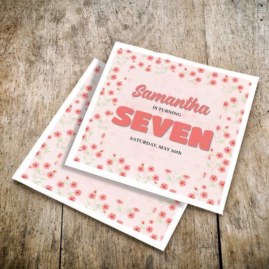 Serviette En Papier Pink Floral Seventh Birthday Girl Custom Party