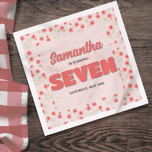 Serviette En Papier Pink Floral Seventh Birthday Girl Custom Party