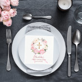 Serviette En Papier Pink floral wreath bow First Communion