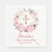 Serviette En Papier Pink floral wreath bow First Communion luncheon (Devant)