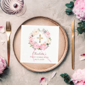 Serviette En Papier Pink floral wreath bow First Communion luncheon