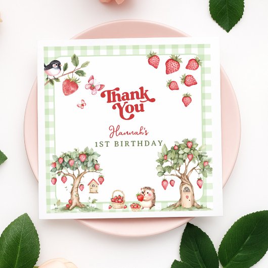 Serviette En Papier Pink Gingham Berry First Strawberry 1st Birthday