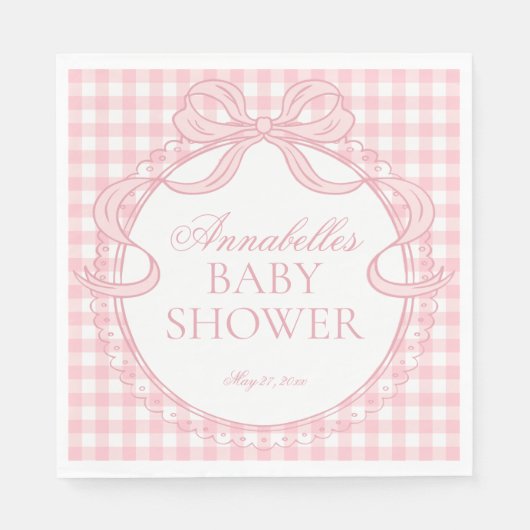 Serviette En Papier Pink Gingham Coquette Bow Baby Shower Dessert (Devant)