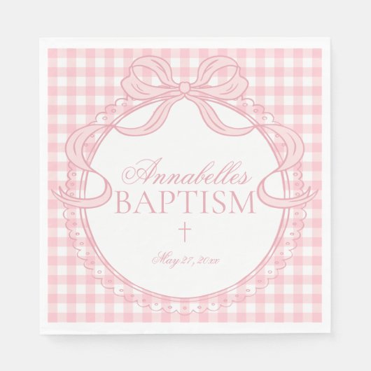 Serviette En Papier Pink Gingham Coquette Bow Baptism Table Decor (Devant)