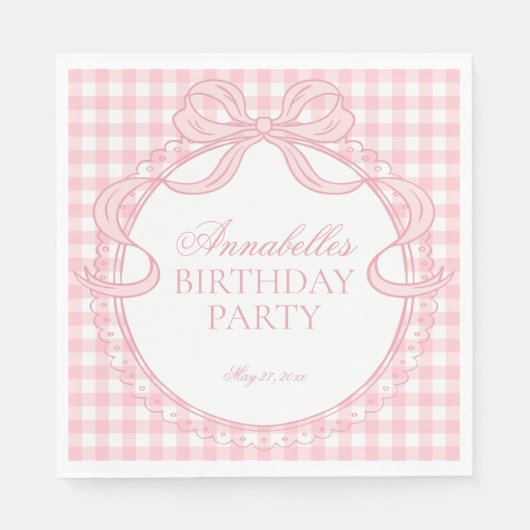 Serviette En Papier Pink Gingham Coquette Bow Birthday Party Dessert (Devant)