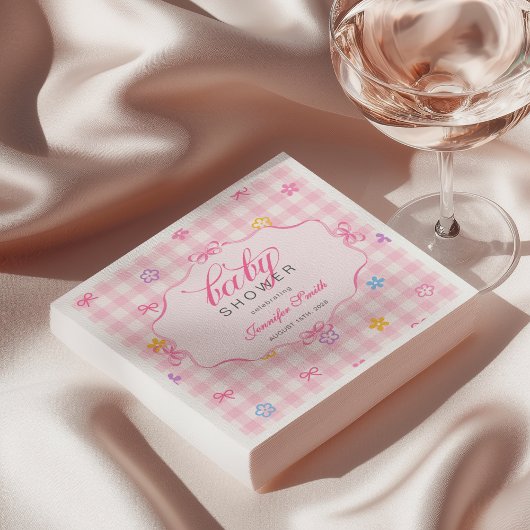 Serviette En Papier Pink Gingham Floral Bow Baby Shower Napkins
