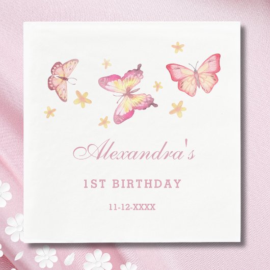 Serviette En Papier Pink Girl Butterfly 1er anniversaire fête