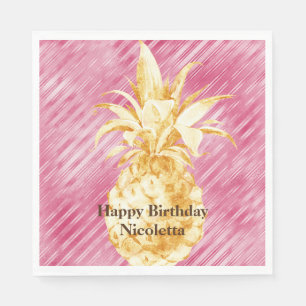 Serviette En Papier Pink Glam Stripes Gold Tropical Pineappy