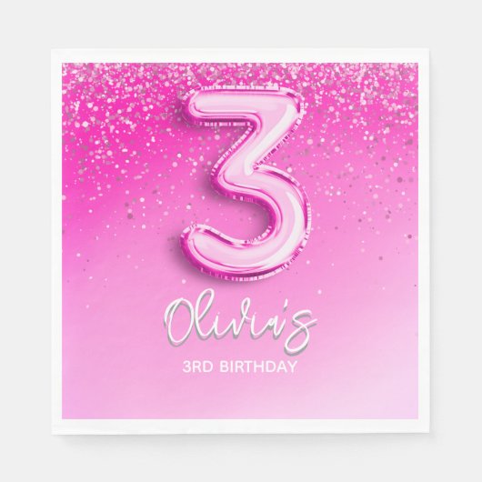 Serviette En Papier Pink Glitter Balloon 3rd Birthday Party for Girls (Devant)