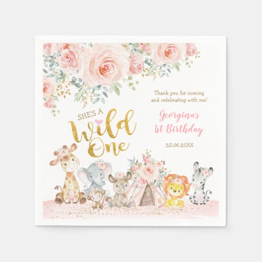 Serviette En Papier Pink Gold Jungle Safari Animaux Wild Un Anniversai (Devant)
