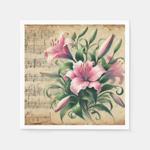 Serviette En Papier Pink & Green Lys Feuille Vintage Musique Découpage
