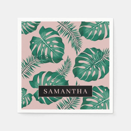 Serviette En Papier Pink & Green Palm Feuille Motif & nom (Devant)