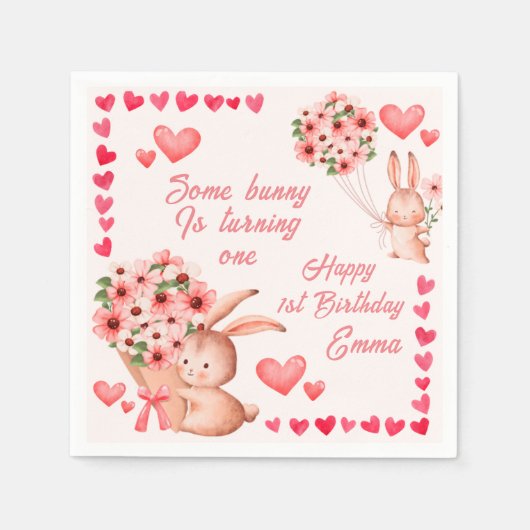 Serviette En Papier Pink Heart bunny Joyeux papier d'anniversaire (Devant)