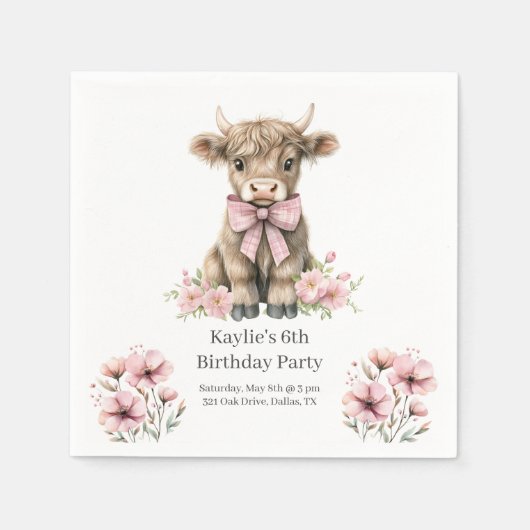 Serviette En Papier Pink Highland Cow fête d'anniversaire (Devant)