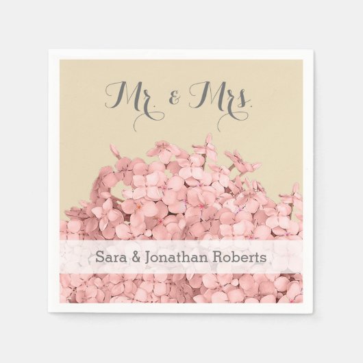 Serviette En Papier Pink Hydrangea sur Khaki Mariage personnalisé (Devant)