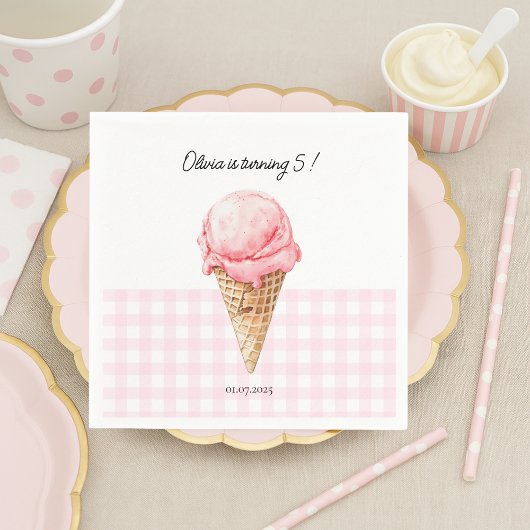 Serviette En Papier Pink Ice Cream Cone Birthday Napkin | Personalized