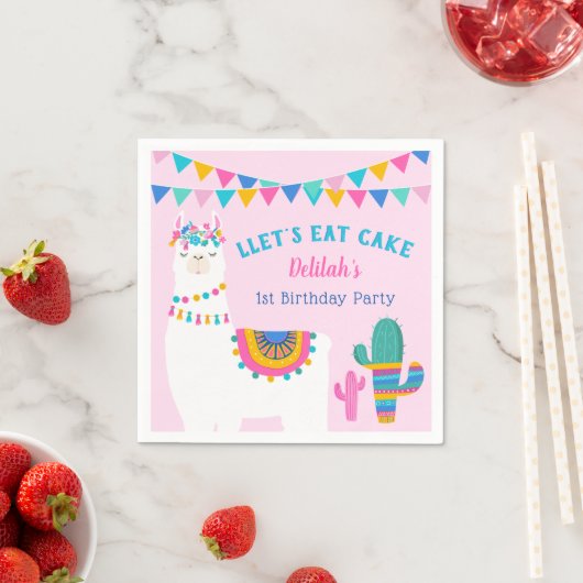 Serviette En Papier Pink Llama Llet's Eat Cake Anniversaire (En situation)