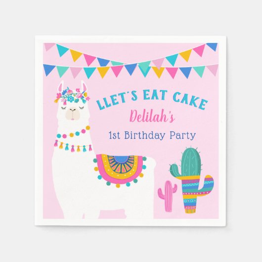 Serviette En Papier Pink Llama Llet's Eat Cake Anniversaire (Devant)