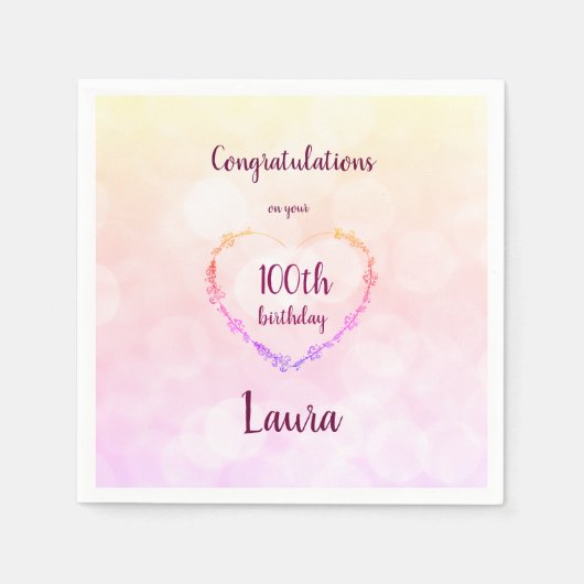 Serviette En Papier Pink pastel 100e Anniversaire design (Devant)