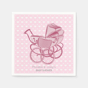 Serviette En Papier Pink Pram Hearts Baby shower Personnalisé Élégant