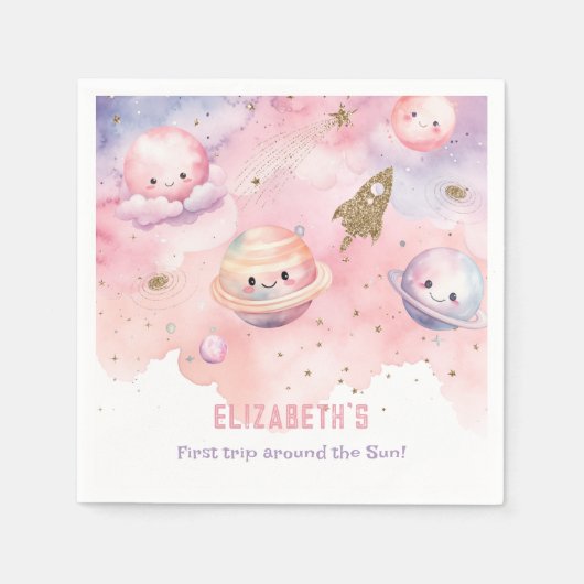 Serviette En Papier Pink Premier voyage autour du soleil Space Girl an (Devant)
