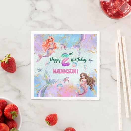 Serviette En Papier Pink Purple Glitter Mermaids 2nd Birthday Party (En situation)