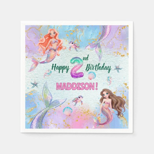 Serviette En Papier Pink Purple Glitter Mermaids 2nd Birthday Party (Devant)