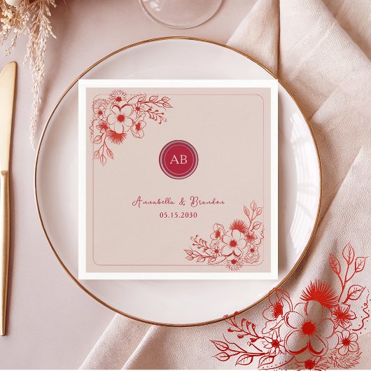 Serviette En Papier Pink Red Floral Monogram Wedding