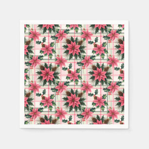 Serviette En Papier Pink Retro Noël Floral Plaid Joyeux Noël