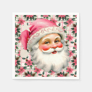 Serviette En Papier Pink Retro Santa Claus Noël Floral Plaid