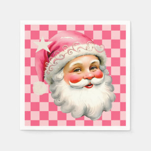 Serviette En Papier Pink Retro Santa Claus Pink Tartan Plaid Noël