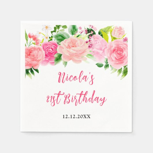 Serviette En Papier Pink Roses Floral Birthday (Devant)