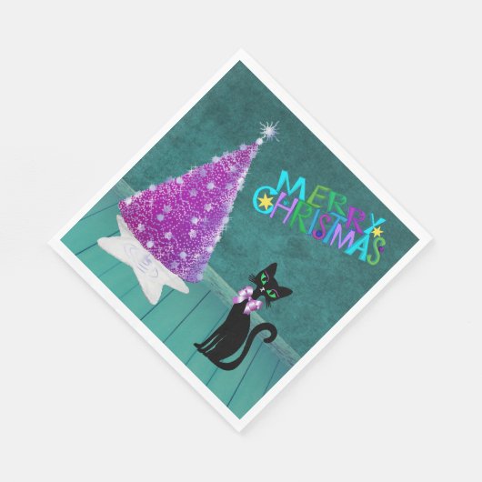 Serviette En Papier Pink Silver Mid Century Chistmas Tree Cat Teal (Coin)